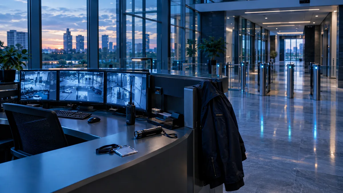 Un poste de contrôle de sécurité dans le hall vitré d'un immeuble de bureaux, avec écrans de vidéosurveillance, talkie-walkie et badge posés sur le comptoir.