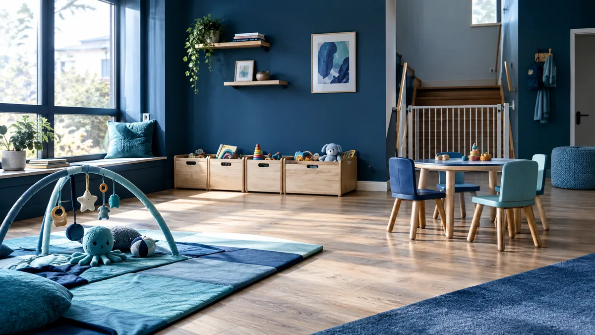 Une pièce de vie aménagée pour de jeunes enfants, tapis d'éveil, jouets en bois rangés en bacs et petites chaises basses près d'une fenêtre.