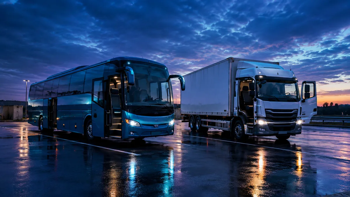 Un autocar et un camion porteur garés côte à côte sur une aire de service, portes ouvertes, bitume humide.