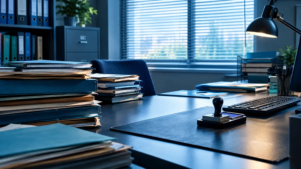 Un bureau d'administration avec des dossiers empilés, un clavier et une lampe allumée en fin de journée.