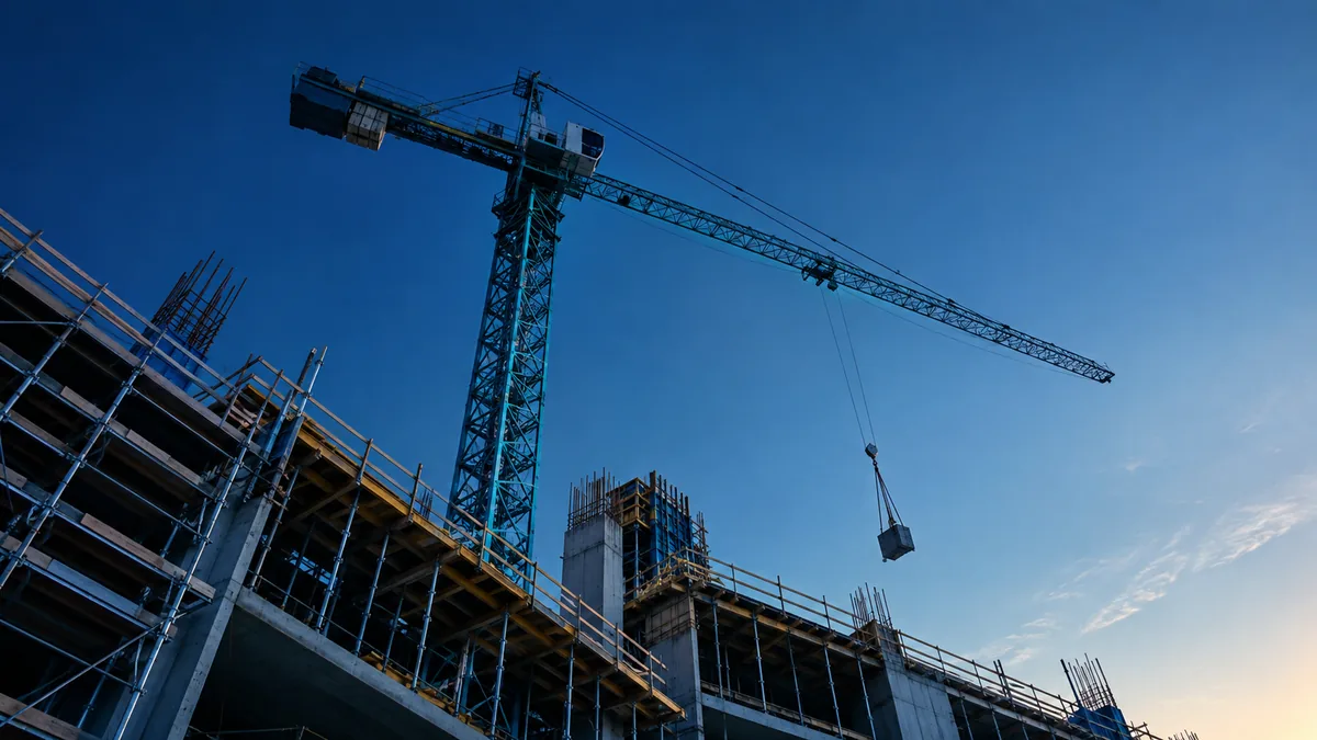 Une grue à tour dressée au-dessus d’un chantier de bâtiment, en fin de journée.