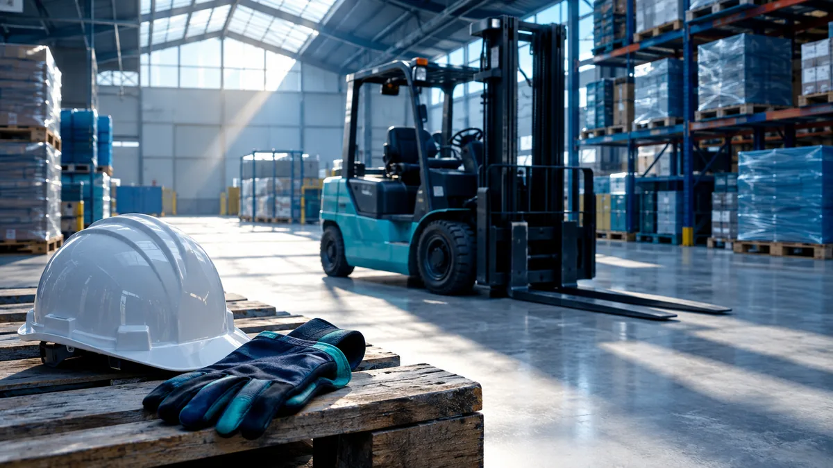 Un chariot élévateur stationné dans un entrepôt, un casque de chantier et des gants posés au premier plan sur une palette.