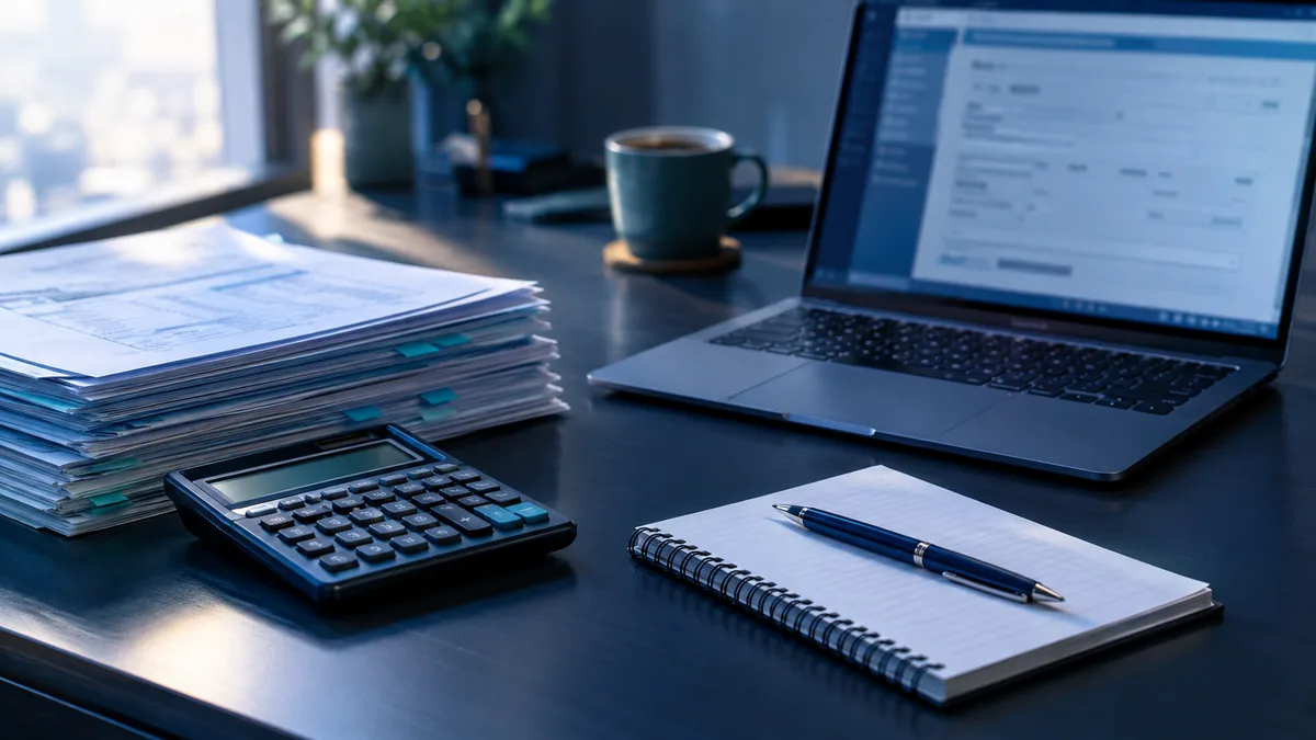 Un bureau avec des bulletins de paie empilés, une calculatrice et un ordinateur portable ouvert sur un formulaire.