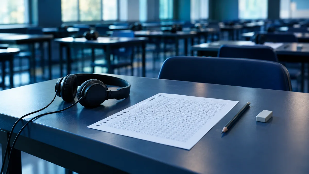 Un casque audio posé sur une table de salle d'examen, à côté d'une feuille de réponses et d'un crayon.