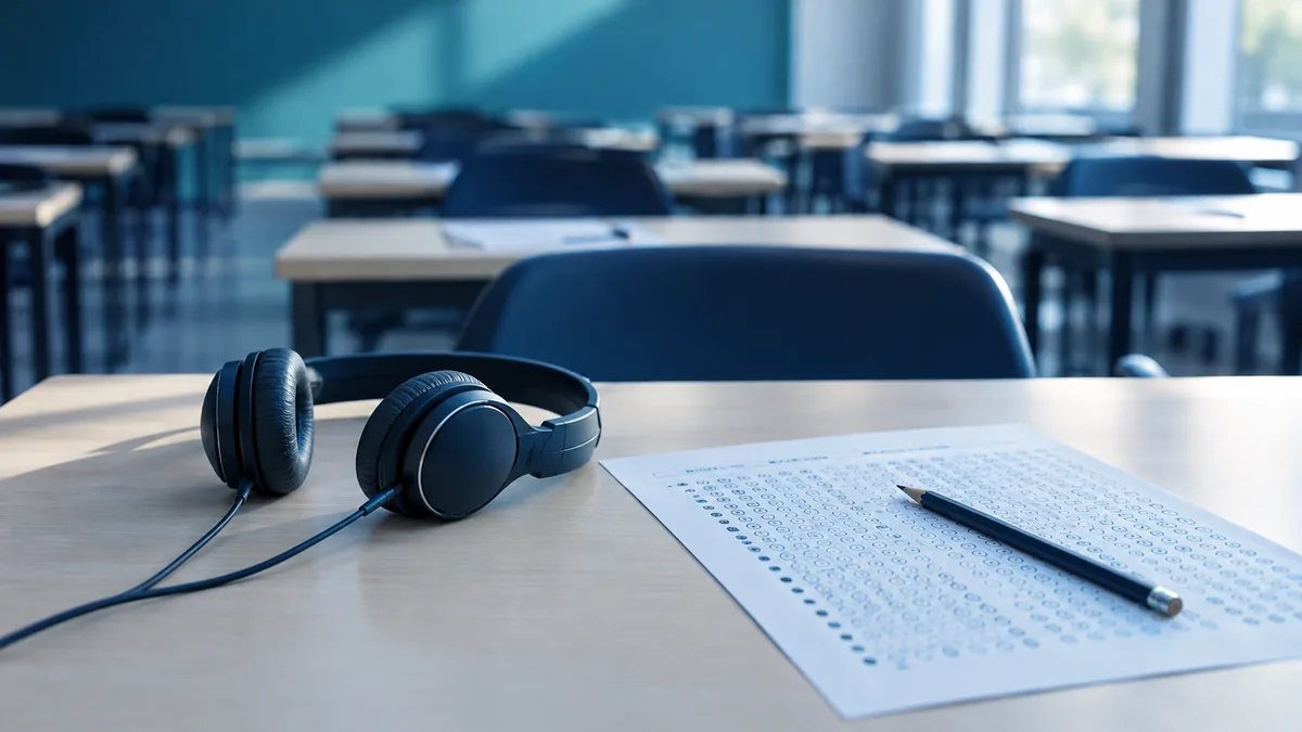 Un casque audio posé sur un bureau de salle d'examen, à côté d'une feuille de réponses à cases et d'un crayon.