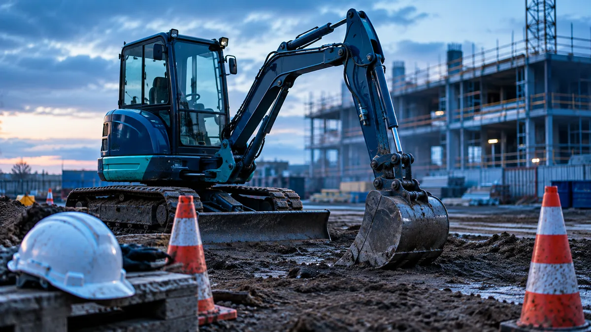 Une mini-pelle à chenilles à l'arrêt sur un chantier en terre, godet posé au sol et casque de chantier au premier plan.