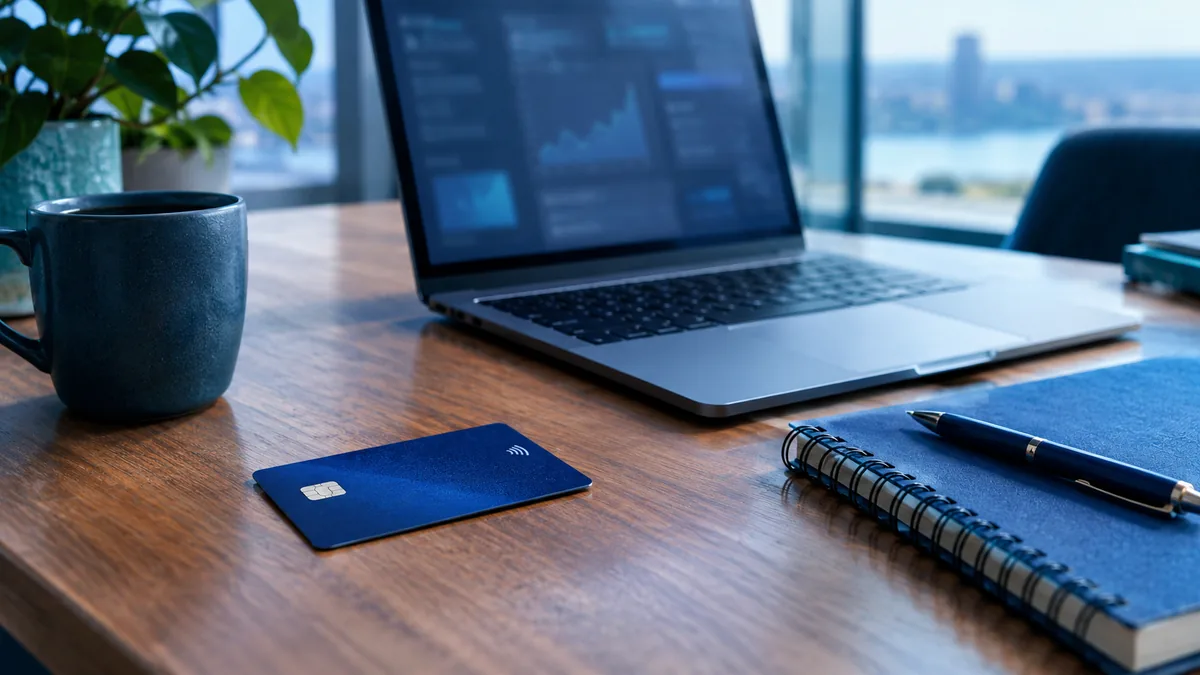 Une carte bancaire posée sur un bureau en bois, à côté d'un ordinateur portable ouvert et d'un carnet à spirale.