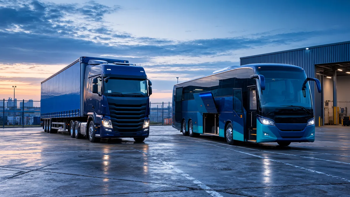 Un camion porteur et un autocar stationnés côte à côte dans la cour d'un dépôt, au petit matin.