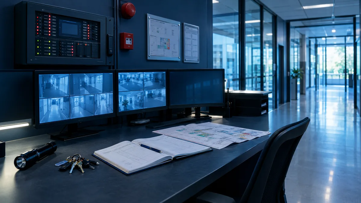 Un poste central de sécurité incendie : tableau de report d'alarme, écrans de surveillance, lampe torche et trousseau de clés posés sur le plan de travail.