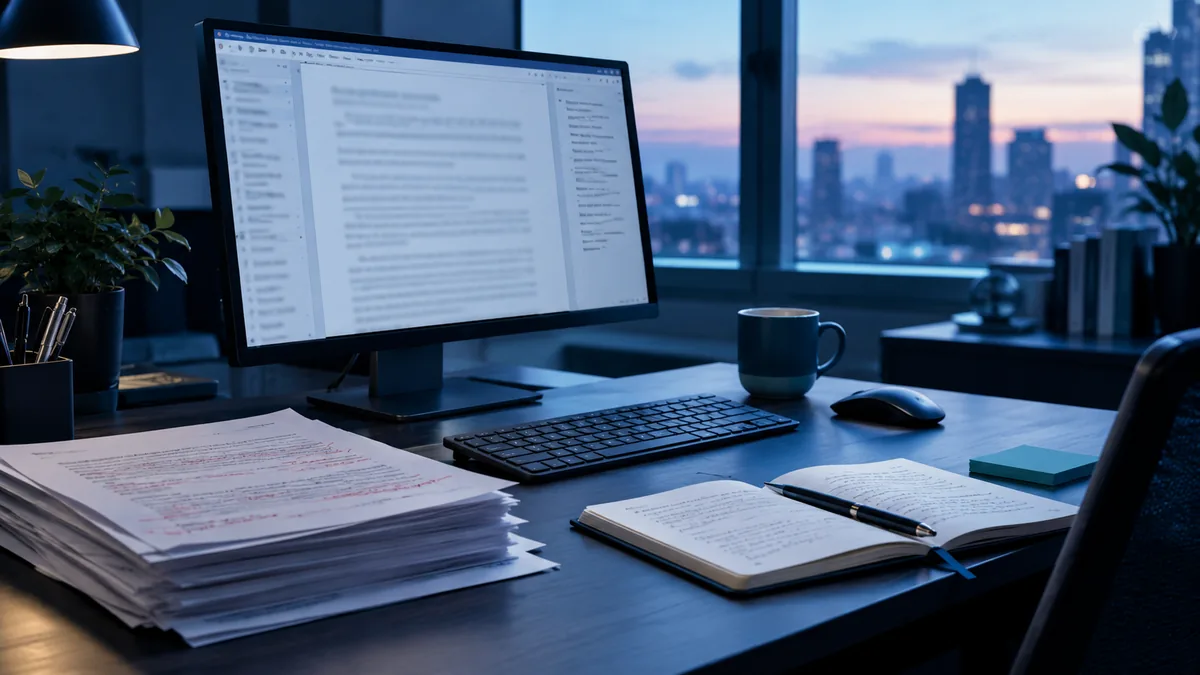 Un bureau avec un écran affichant un long texte flouté, des feuilles annotées au stylo rouge et un carnet ouvert au premier plan.