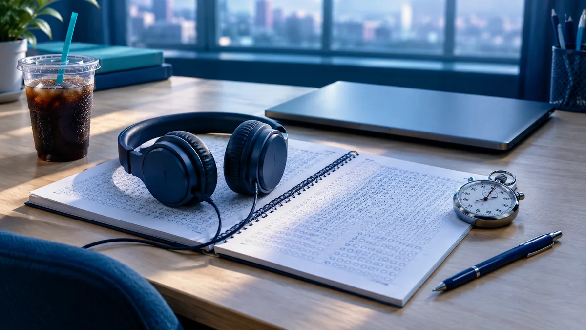Un casque audio filaire posé sur un cahier d'exercices ouvert, à côté d'un chronomètre et d'un stylo, sur un bureau en bois clair.