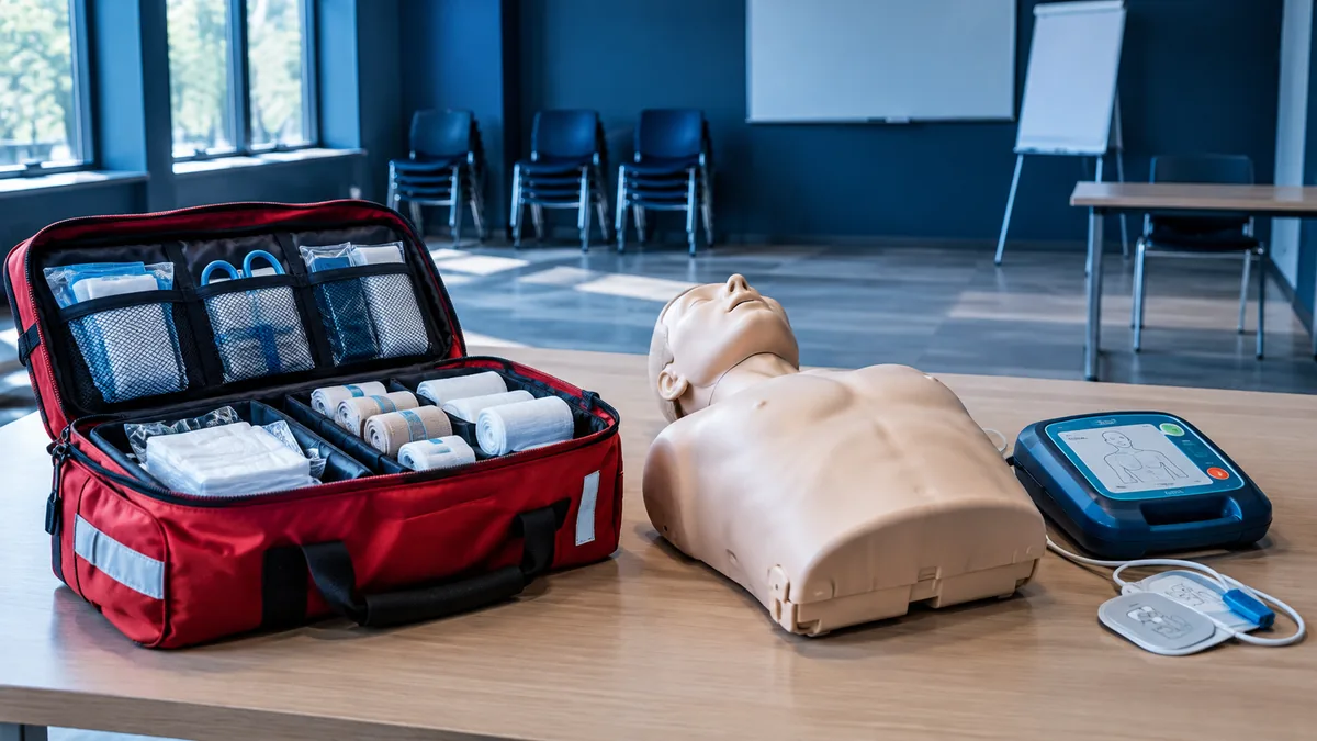 Un sac de premiers secours ouvert sur une table, mannequin de réanimation et défibrillateur de formation posés à côté, dans une salle vide.