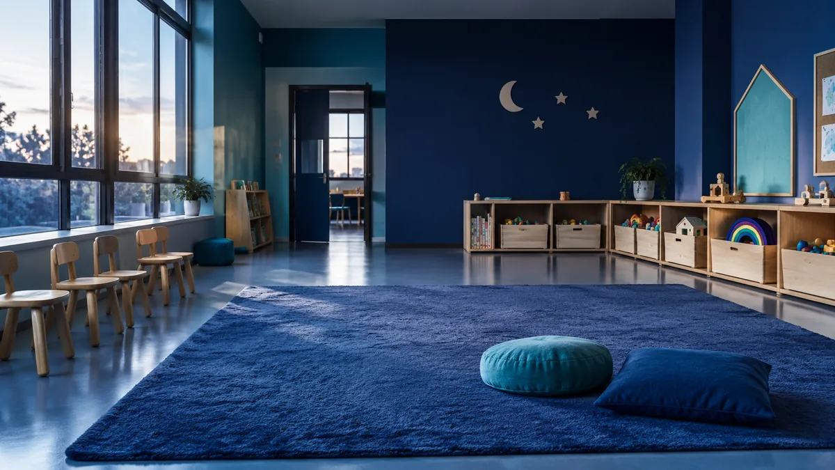 Une salle de crèche vide, tapis de sol, petites chaises en bois et bacs de jouets rangés le long du mur.