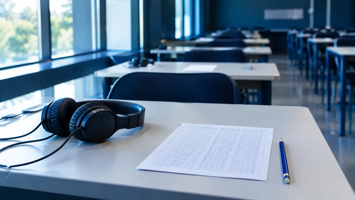 Un poste de passage de test de langue : casque audio posé sur une table, feuille de réponses et crayon, rangées de tables vides en arrière-plan.
