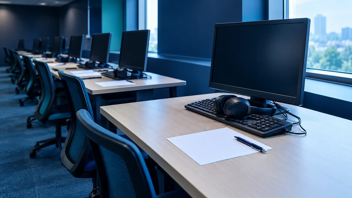 Un poste de passation de test de langue : casque audio posé sur un clavier, écran éteint, feuille de convocation et stylo sur une table de salle d'examen.