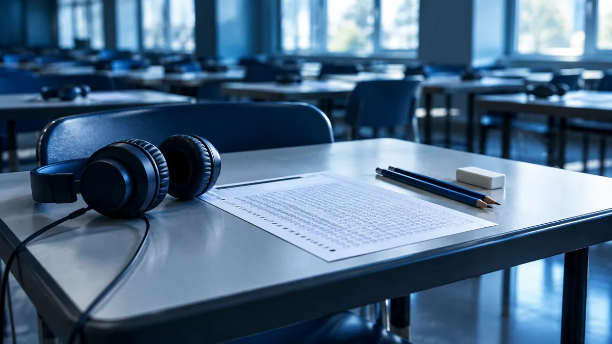 Un casque audio posé sur une table d'examen, à côté d'une feuille de réponses à cases et de deux crayons taillés.
