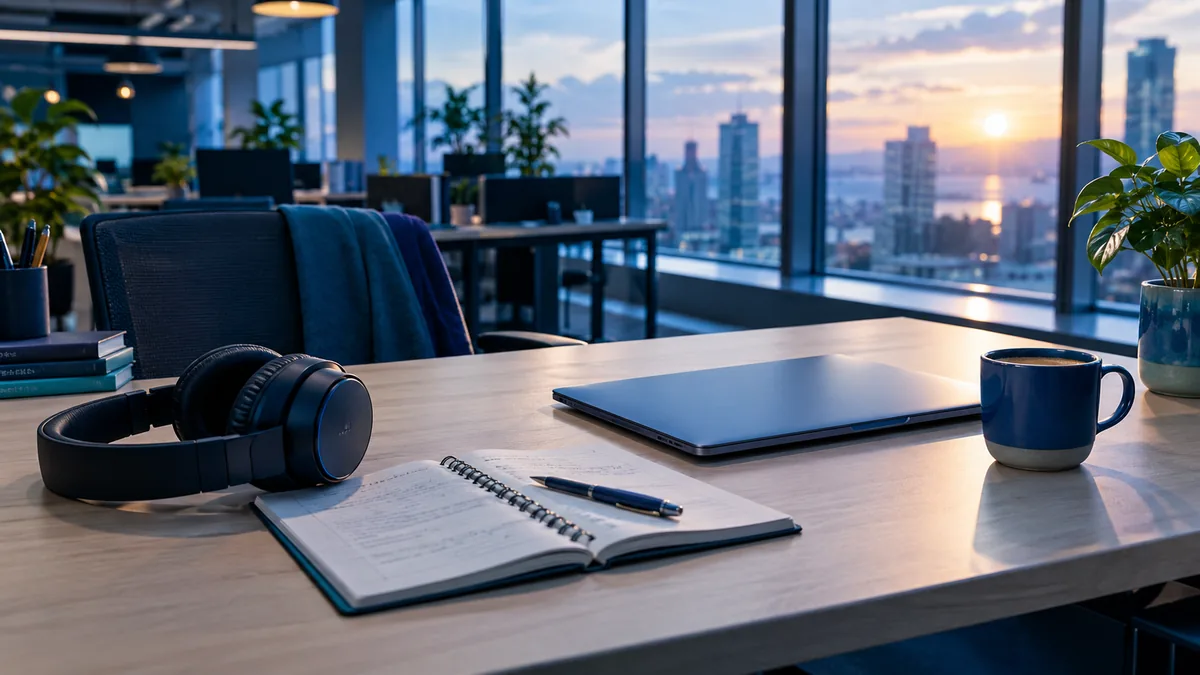 Un casque audio et un carnet ouvert posés sur un bureau clair d'open space, en fin de journée.