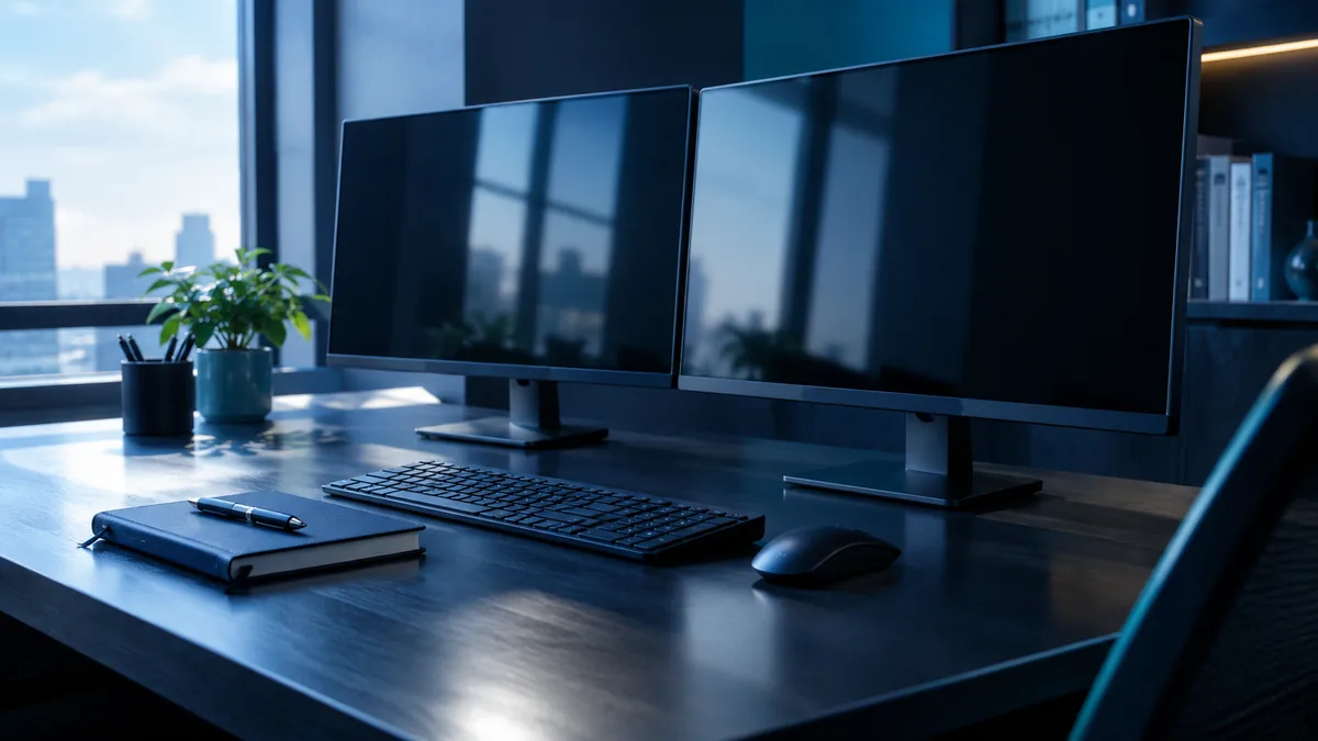 Un poste de travail de bureau vu de trois quarts, avec clavier, souris et deux écrans éteints.